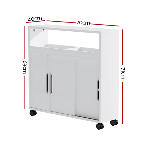 Bathroom Storage Cabinet Toilet Caddy Shelf 3 Doors With Wheels White
