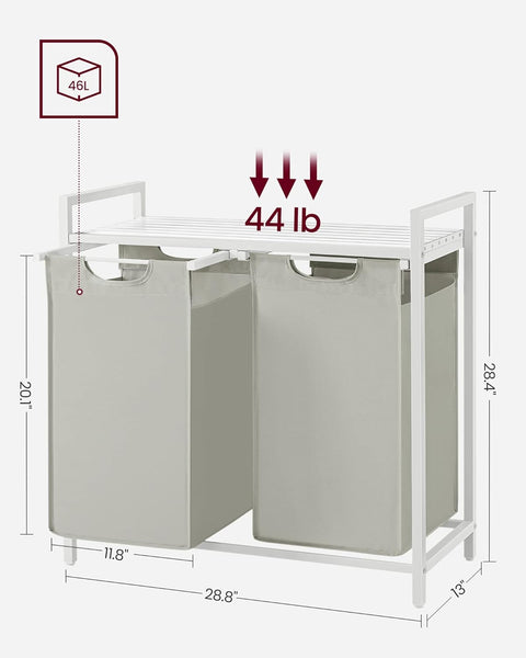 Laundry hamper with shelf and pull-out bags 2 x 46l white