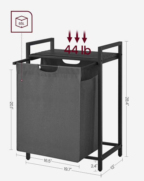 Laundry hamper with shelf and pull-out bag 65l black gray