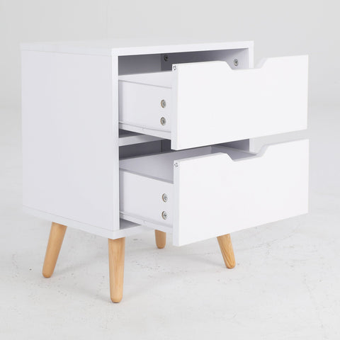 Bedside Table 2 Drawer Wood Leg Storage Cabinet Nightstand KIYO WHITE