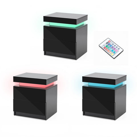 Bedside Table 2 Drawers RGB LED Bedroom Cabinet Nightstand Gloss AURORA BLACK