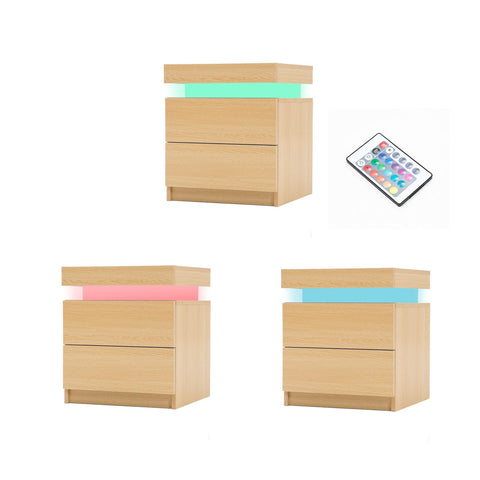 2X Bedside Table 2 Drawers RGB LED Bedroom Cabinet Nightstand Gloss AURORA OAK