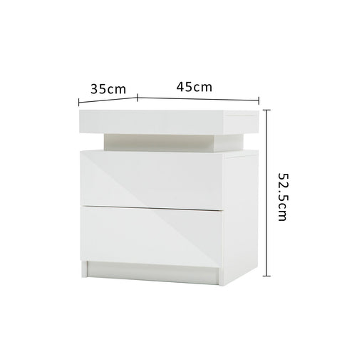 Bedside Table 2 Drawers RGB LED Bedroom Cabinet Nightstand Gloss AURORA WHITE