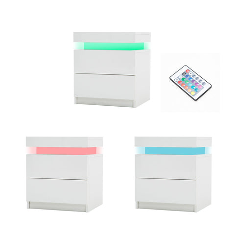 2X Bedside Table 2 Drawers RGB LED Bedroom Cabinet Nightstand Gloss AURORA WHITE