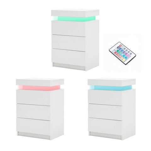 2X Bedside Table 3 Drawers RGB LED Bedroom Cabinet Nightstand Gloss GLORY WHITE