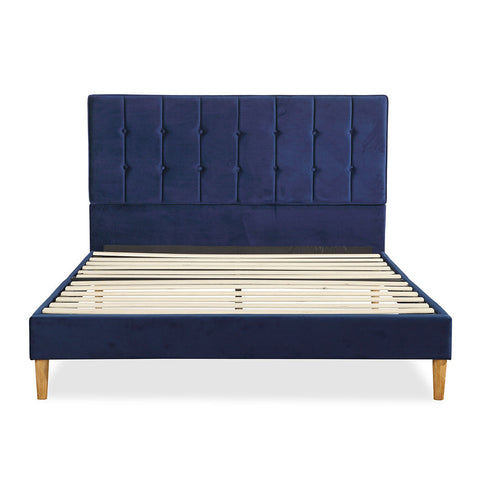 Venlo Bed Frame Base Platform Wooden Velvet With Headboard Blue - Queen Bed Frame
