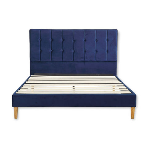 Venlo Bed Frame Base Platform Wooden Velvet With Headboard Blue - Queen Bed Frame