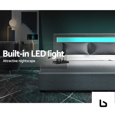 Bed frame double size gas lift rgb led bedbase grey - frame