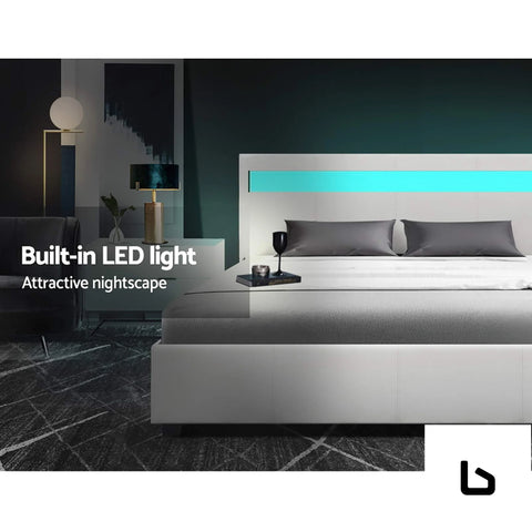 Bed frame double size gas lift rgb led white - frame