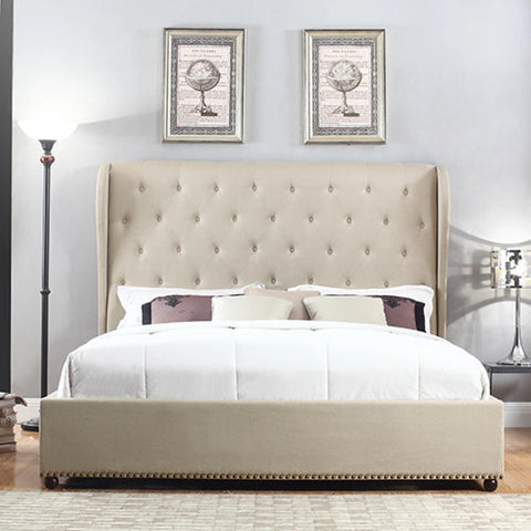 Bed frame queen size in beige fabric upholstered french