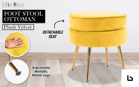 Bf yellow round ottoman foot stool velvet fabric metal leg -