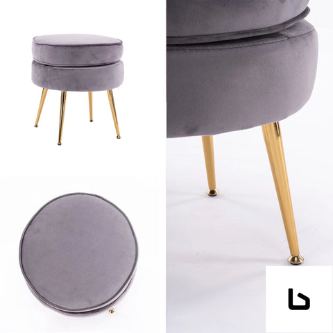 Bf grey round ottoman foot stool velvet fabric metal leg -