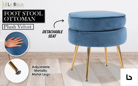 Bf navy blue round ottoman foot stool velvet fabric metal