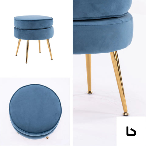 Bf navy blue round ottoman foot stool velvet fabric metal