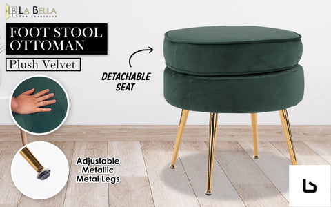 Bf green round ottoman foot stool velvet fabric metal leg -
