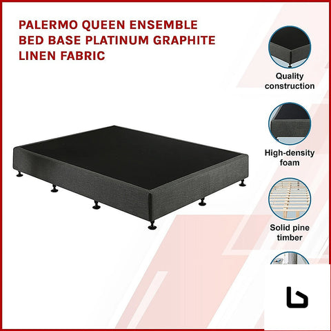Bf queen ensemble bed base platinum graphite linen fabric -