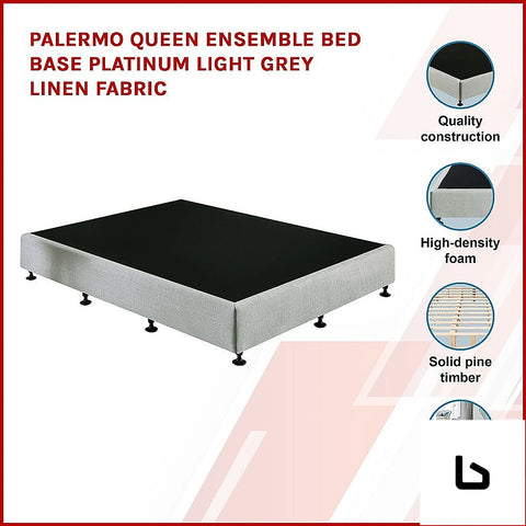 Bf queen ensemble bed base platinum light grey linen fabric