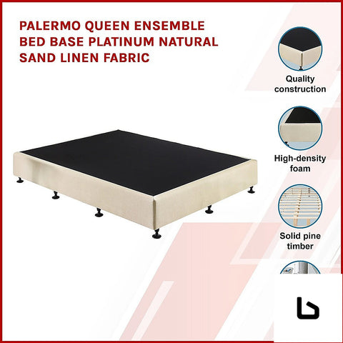 Bf queen ensemble bed base platinum natural sand linen