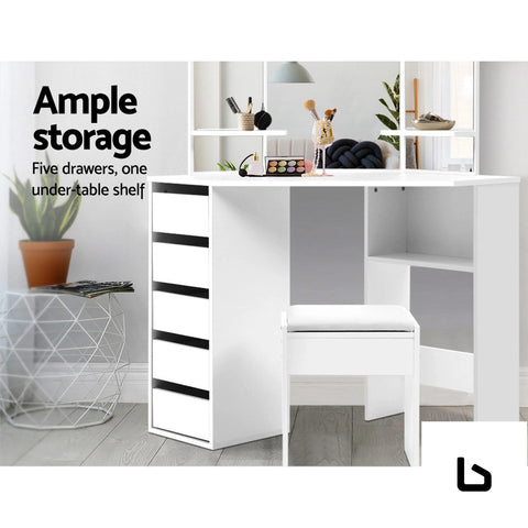 Artiss dressing table stool set corner 5 drawers white