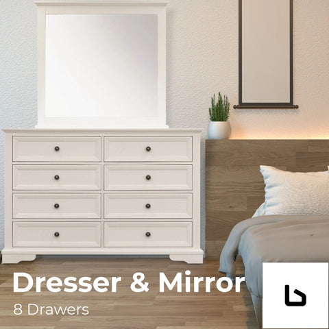 Dresser mirror 8 chest of drawers bedroom timber storage