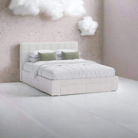 Nicki ivory boucle fabric 4 drawers bed frame