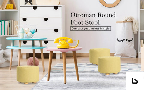 La bella 2 set mustard yellow fabric ottoman round wooden