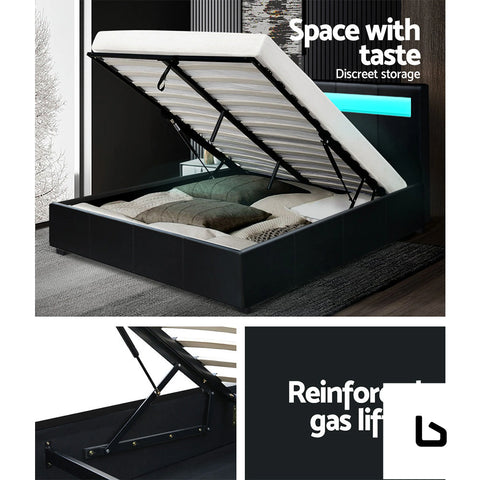 Led bed frame pu leather gas lift storage - black double -