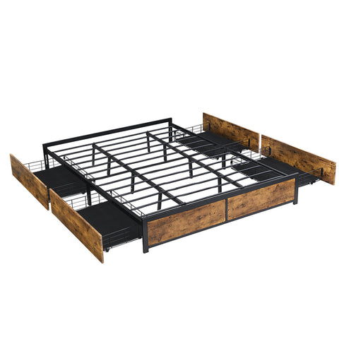 Metal bed frame mattress base platform wooden 4 drawers
