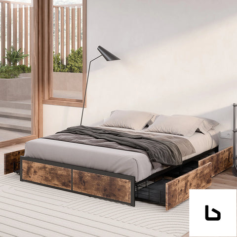 Metal bed frame mattress base platform wooden 4 drawers