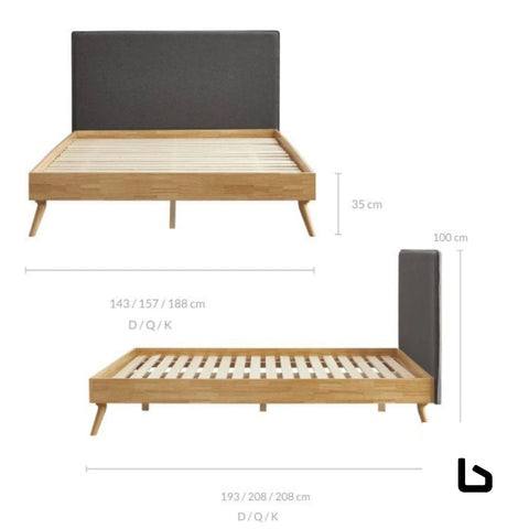 Natural oak ensemble bed frame wooden slat fabric headboard
