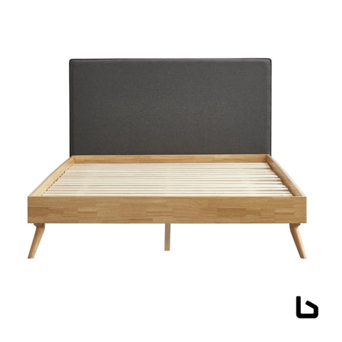 Natural oak ensemble bed frame wooden slat fabric headboard