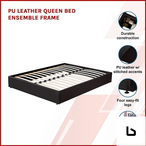 Pu leather queen bed ensemble frame - furniture > bedroom