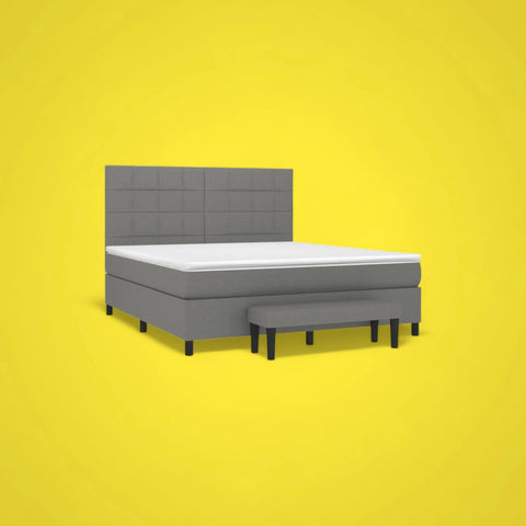 Queen bed frame + mattress + topper + bench - grey