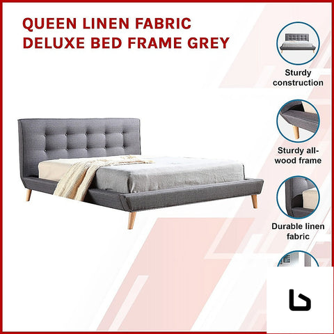 Queen linen fabric deluxe bed frame grey