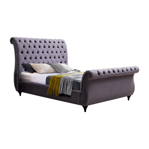 Queen size sleigh bedframe velvet upholstery grey colour