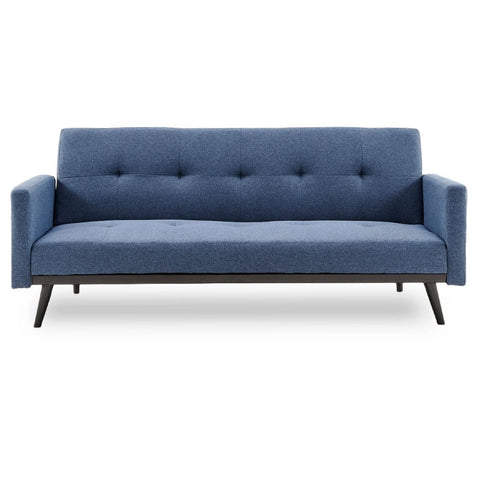 Tufted faux linen 3-seater sofa bed with armrests - blue